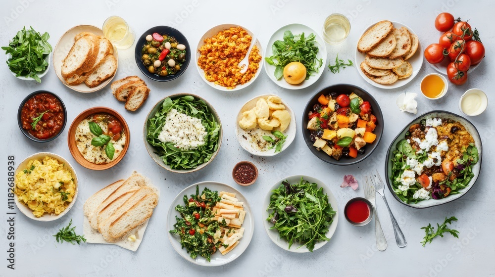 Many different healthy food on white table, flat lay Many different healthy food on white table, flat lay