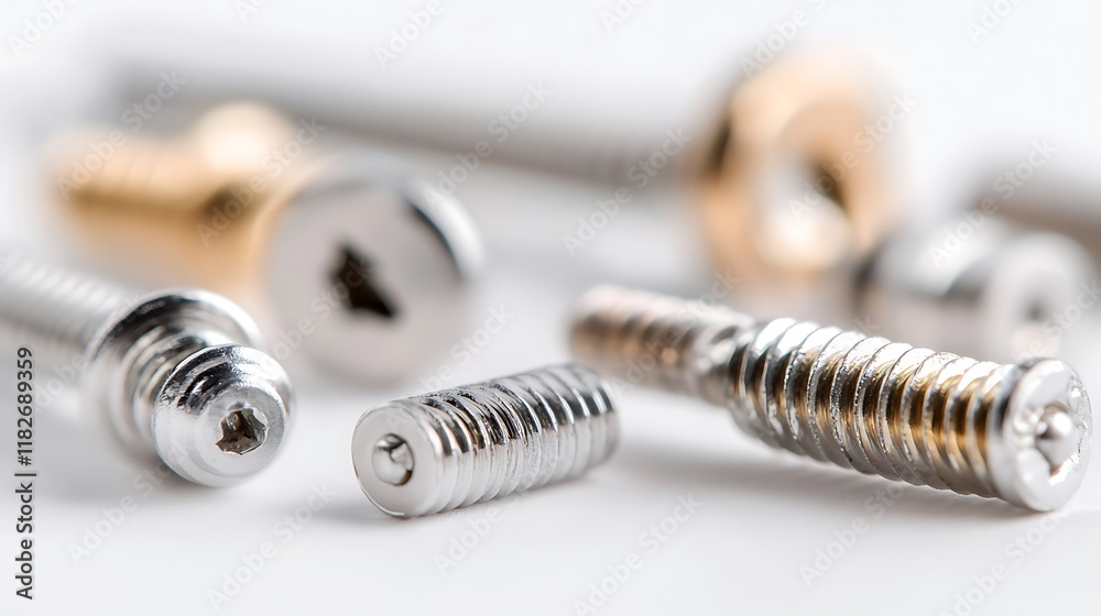 Close-up of various metallic screws and bolts on white background. Close-up of various metallic screws and bolts on white background.