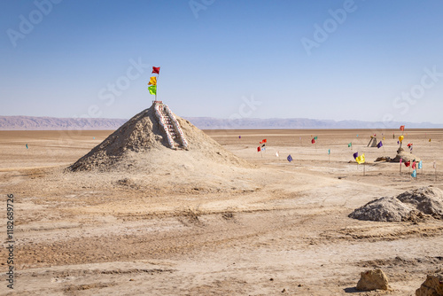 Tozeur, Tunisia. Flags on mounds in the Chott el Djerid dry salt lake. photo