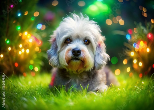 Adorable Dandie Dinmont Terrier Puppy Posing Playfully Outdoors in Lush Green Grass photo