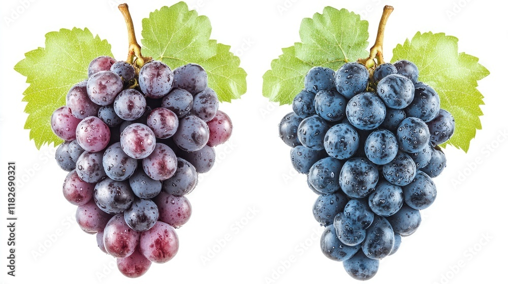 Fototapeta premium Two bunches of fresh grapes with leaves