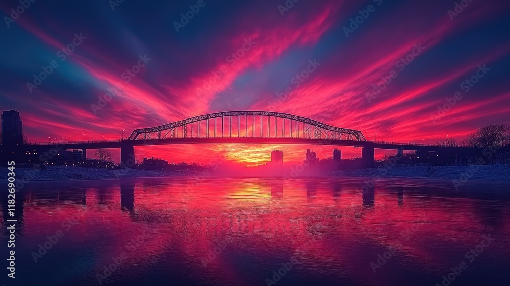 Fototapeta premium Vibrant Sunset Over City Bridge and River Reflection