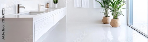 Wallpaper Mural Bright white bathroom with reflective surfaces and minimalist hardware Torontodigital.ca