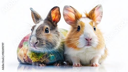 Adorable Dwarf Rabbit & Guinea Pig Double Exposure Stock Photo - White Background