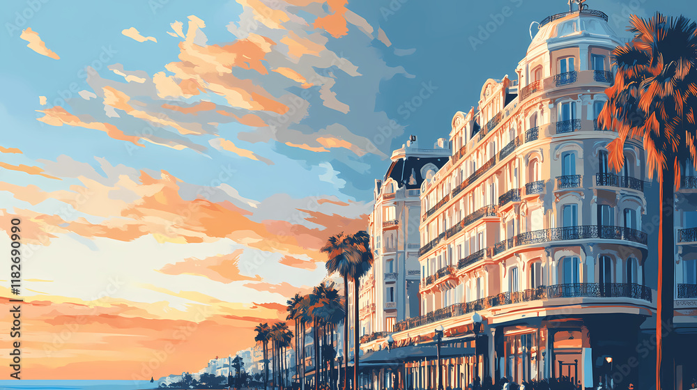 Fototapeta premium Cannes france april corner of the ornate carlton hotel which is a landmark on the seafront in cannes generative ai. Seafrost. Illustration