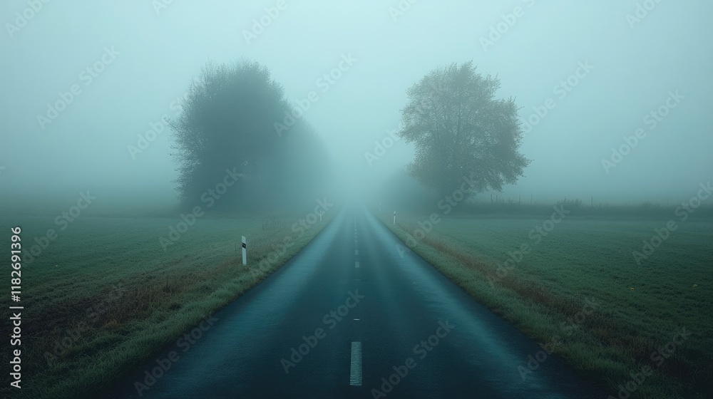 Foggy Road Disappears Into Misty Fields With Trees Foggy Road Disappears Into Misty Fields With Trees