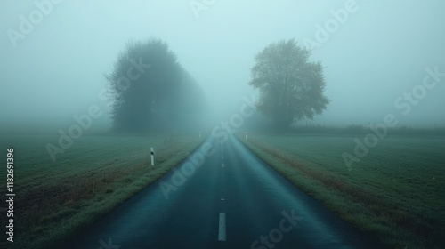 Foggy Road Disappears Into Misty Fields With Trees