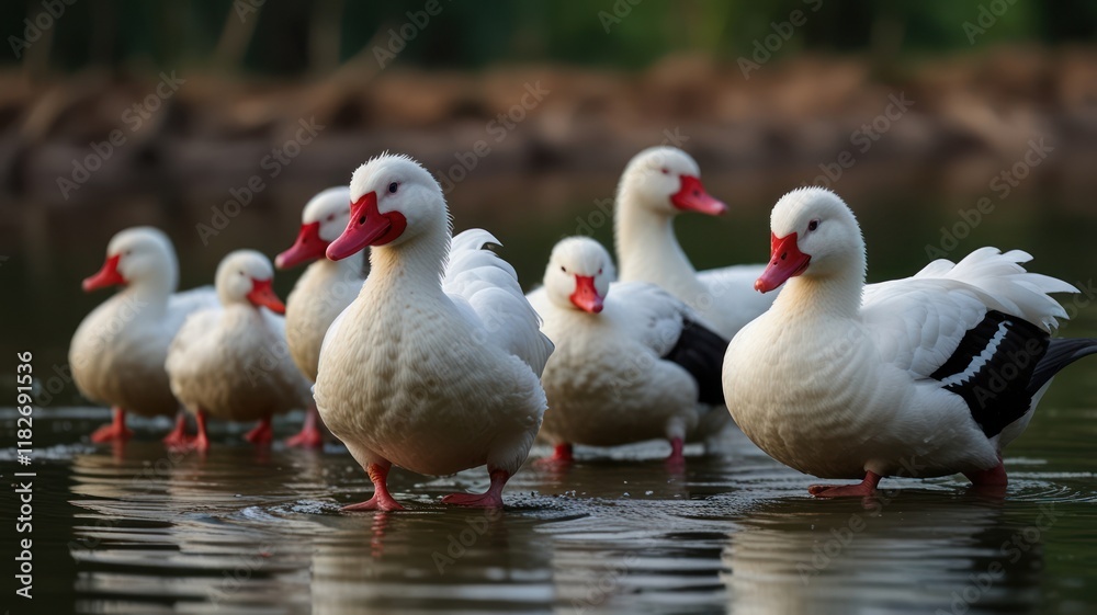 Obraz premium A flock of white ducks with red bills wading in calm water.
