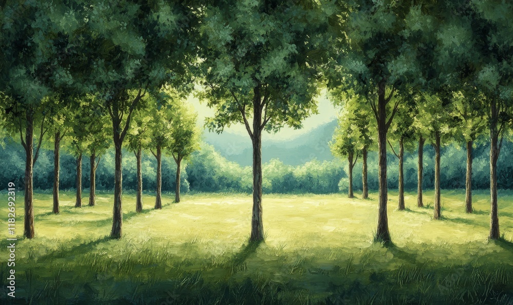 Row of trees with green leaves and a grassy field in the background. The trees are tall and spread out, creating a peaceful and serene atmosphere Row of trees with green leaves and a grassy field in the background. The trees are tall and spread out, creating a peaceful and serene atmosphere