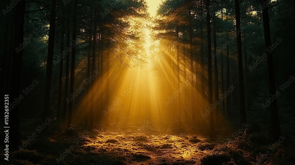 Fototapeta premium Golden sunlight streams through a dense forest path