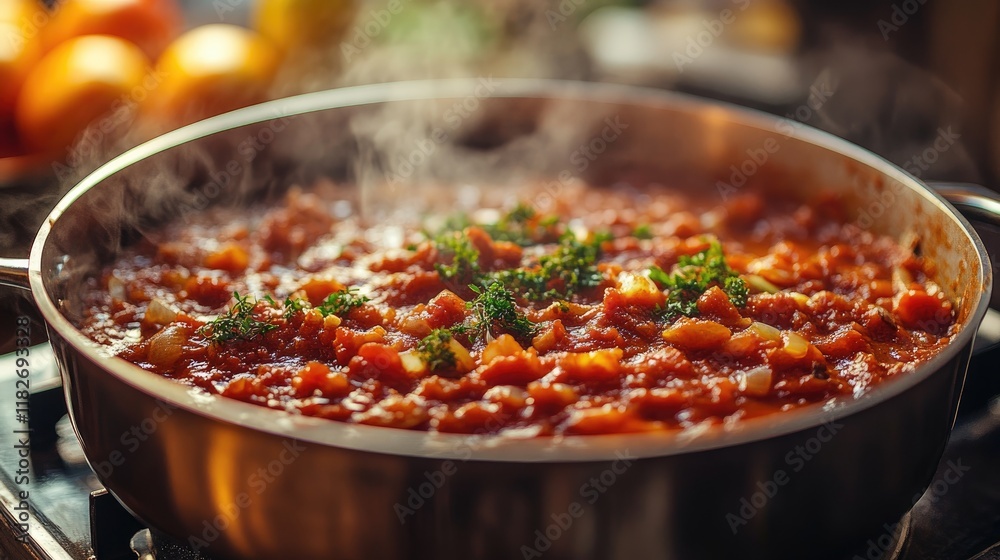 Steaming tomato sauce simmering in a pan Steaming tomato sauce simmering in a pan