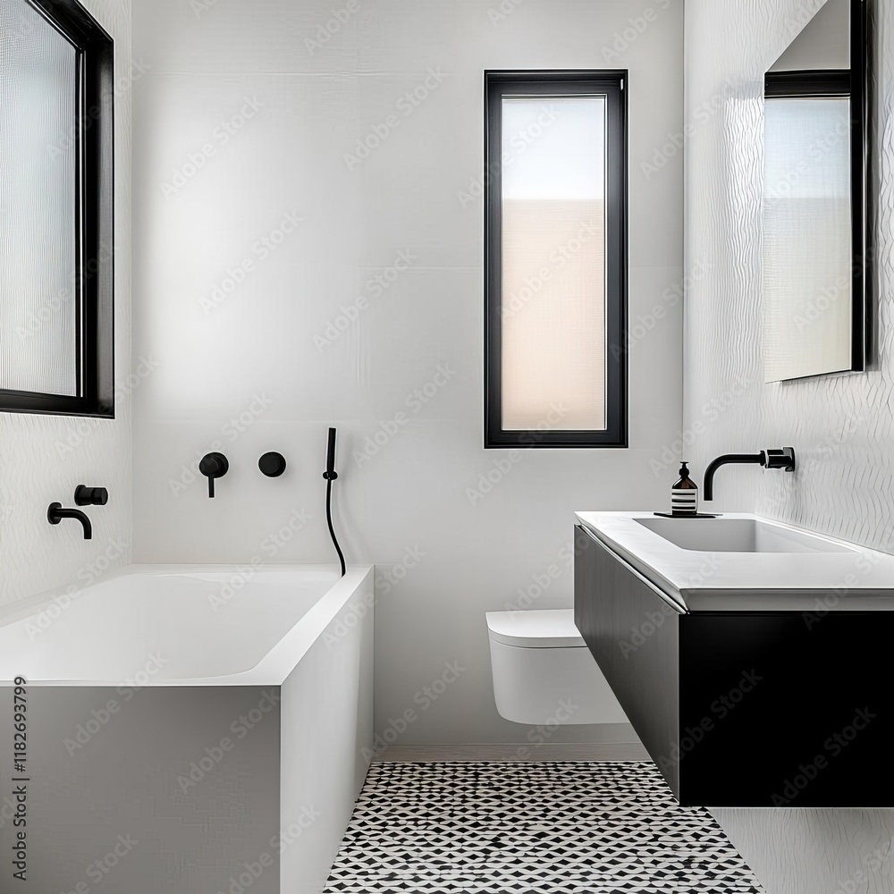 Minimalist bathroom with geometric patterns and monochromatic details Minimalist bathroom with geometric patterns and monochromatic details