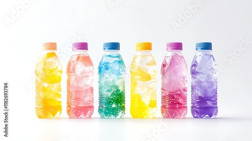 Six colorful bottles of infused water with ice cubes on white background. photo