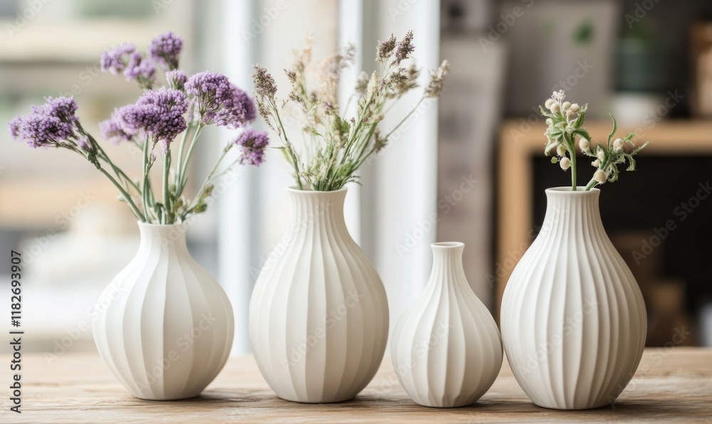 Set of four white porcelain vases on a table. Set of four white porcelain vases on a table.