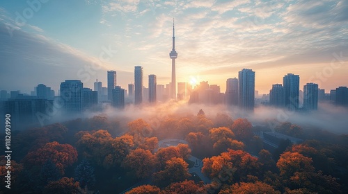 Toronto Skyline Sunrise Autumn Fog Envelops Cityscape