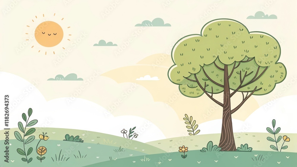 Fototapeta premium tree and sunny sky cute illustration background