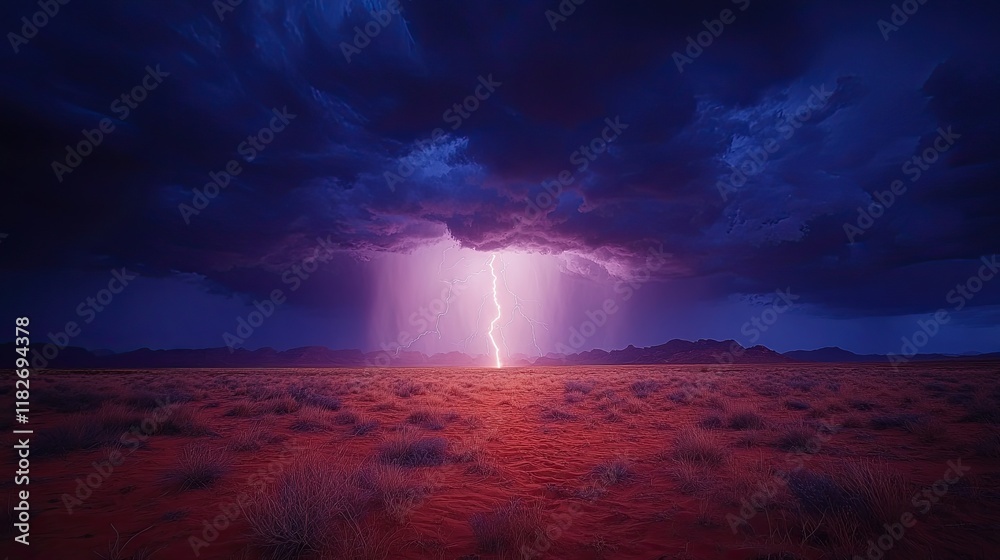 Fototapeta premium Desert Lightning Storm Dramatic Night Sky Scene