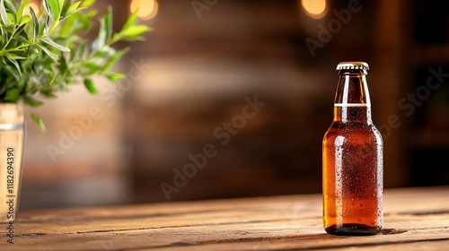 Cold beer bottle on wooden table with blurred background.