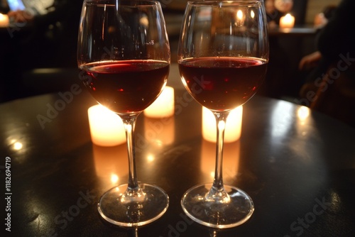 Two elegant glasses of red wine sit on a dark table illuminated by flickering candles, creating a warm and intimate atmosphere perfect for relaxation and conversation