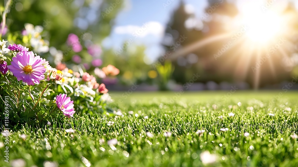 Fototapeta premium Vibrant flowers bloom in a lush green garden bathed in bright sunlight.