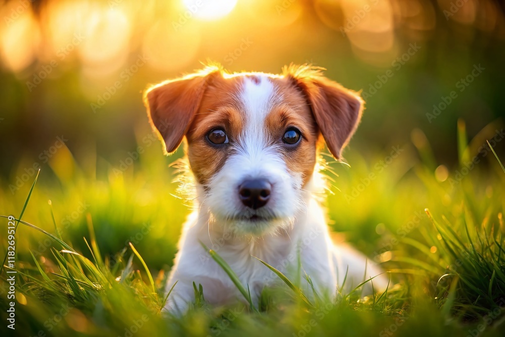 Adorable Jack Russell Puppy Relaxing on Lush Green Grass - Long Exposure Photo Adorable Jack Russell Puppy Relaxing on Lush Green Grass - Long Exposure Photo