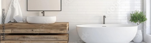 Minimalist white bathroom with reclaimed wood and soft natural light