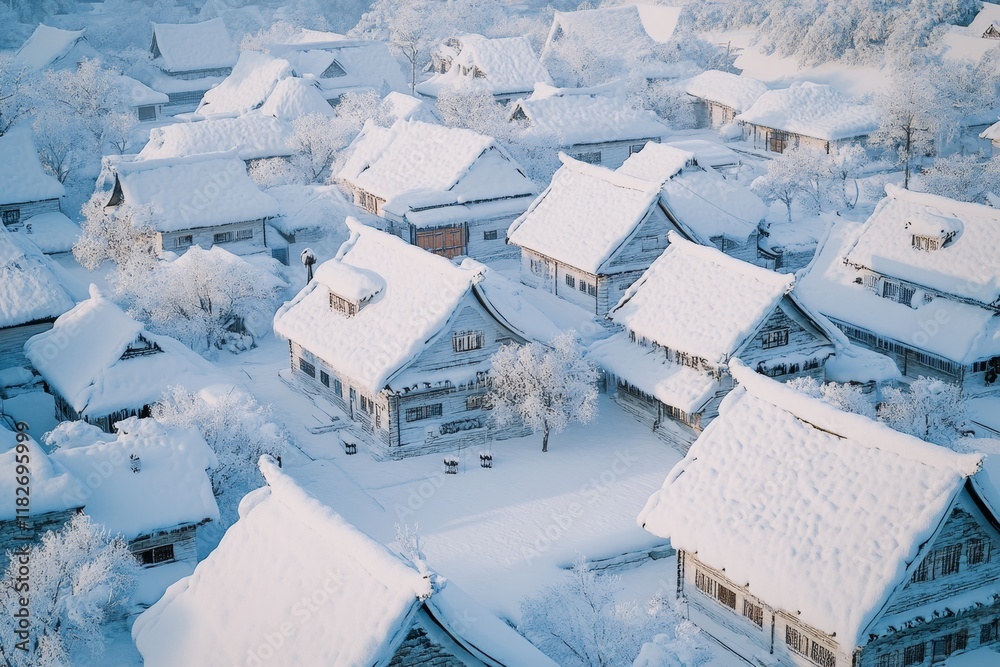 A tranquil village rests under a thick blanket of snow, with rooftops adorned in white. The serene landscape captures the essence of winter, showcasing cozy homes and frosted trees A tranquil village rests under a thick blanket of snow, with rooftops adorned in white. The serene landscape captures the essence of winter, showcasing cozy homes and frosted trees