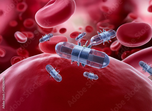 Microscopic view of medical nanobots targeting a cell amidst red blood cells.  The image depicts a futuristic medical treatment. photo