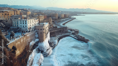 Aerial view of naples, capturing the seafront promenade and castel dell'ovo on a sunny day. Seafrost. Illustration
