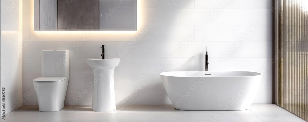 Fototapeta premium Sleek white bathroom with dramatic lighting and avant-garde fixtures