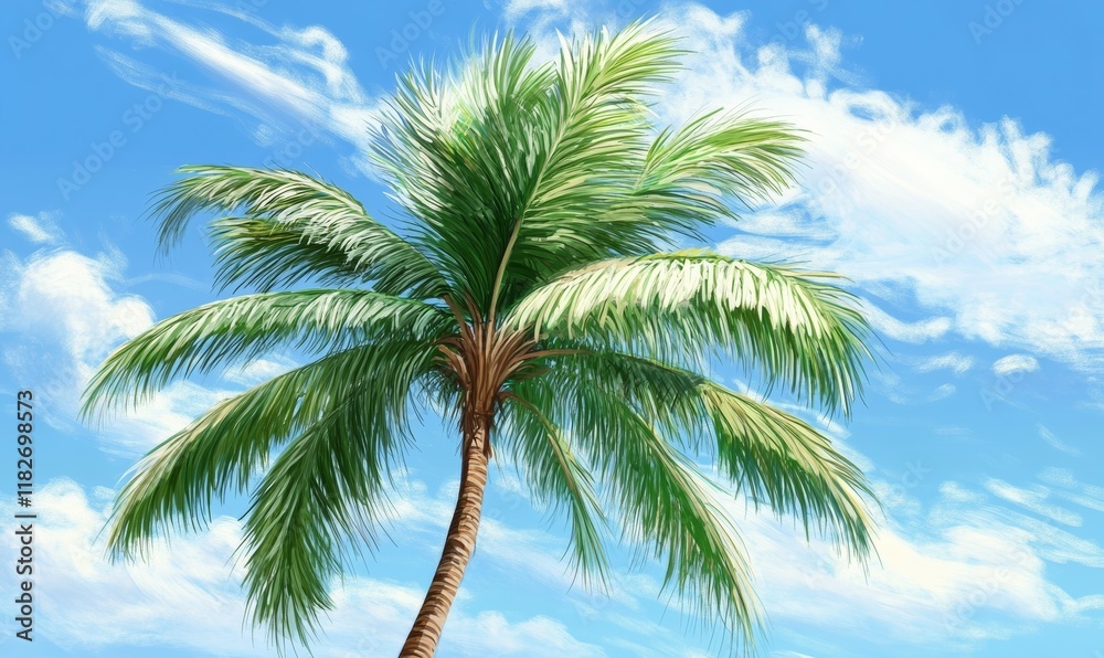 Palm tree is shown with its leaves spread out, and the sky is blue with a few clouds. Concept of relaxation and tranquility, as the palm tree and the blue sky create a peaceful atmosphere Palm tree is shown with its leaves spread out, and the sky is blue with a few clouds. Concept of relaxation and tranquility, as the palm tree and the blue sky create a peaceful atmosphere