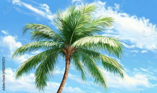 Wallpaper Mural Palm tree is shown with its leaves spread out, and the sky is blue with a few clouds. Concept of relaxation and tranquility, as the palm tree and the blue sky create a peaceful atmosphere Torontodigital.ca