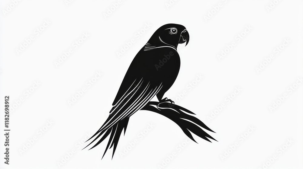 Fototapeta premium Vector parrot sits on a lettering logo. Pet shop logo. Black and white style