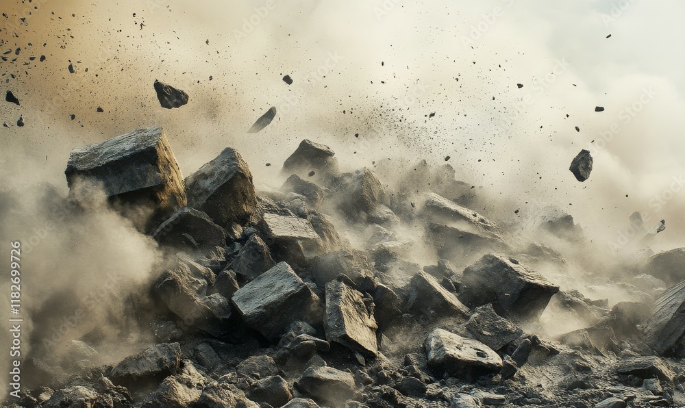 Pile of black rocks with a lot of dust and debris. The rocks are scattered and broken, and the dust is covering them. Pile of black rocks with a lot of dust and debris. The rocks are scattered and broken, and the dust is covering them.