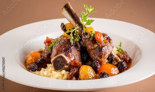 Savoring lamb tagine with dried fruits on ivory plate, perfect for a cozy dinner setting with earthy tones