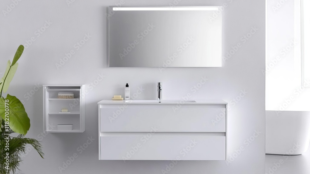 Obraz premium White bathroom with a large mirror and accessible storage spaces