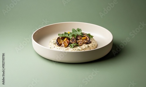 Wallpaper Mural Savory mutabbal served in a smooth white bowl against a muted olive green backdrop showcasing its creamy texture Torontodigital.ca