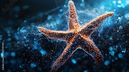 A hologram of a starfish. A starfish made of polygons, triangles of points and lines. The starfish icon is a low-poly compound structure. Technology concept vector.