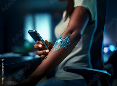 A person sits, using a smartphone, with a futuristic medical device applied to their arm.  The device glows with a blue digital pattern.