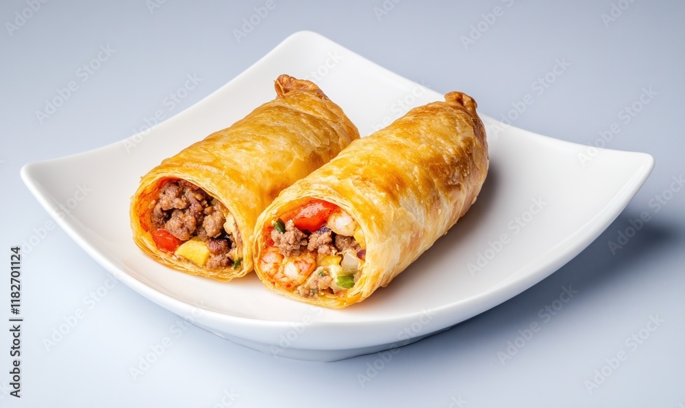 Crispy pastel pastry filled with cheese, shrimp, and beef served on a white plate against a light blue background Crispy pastel pastry filled with cheese, shrimp, and beef served on a white plate against a light blue background