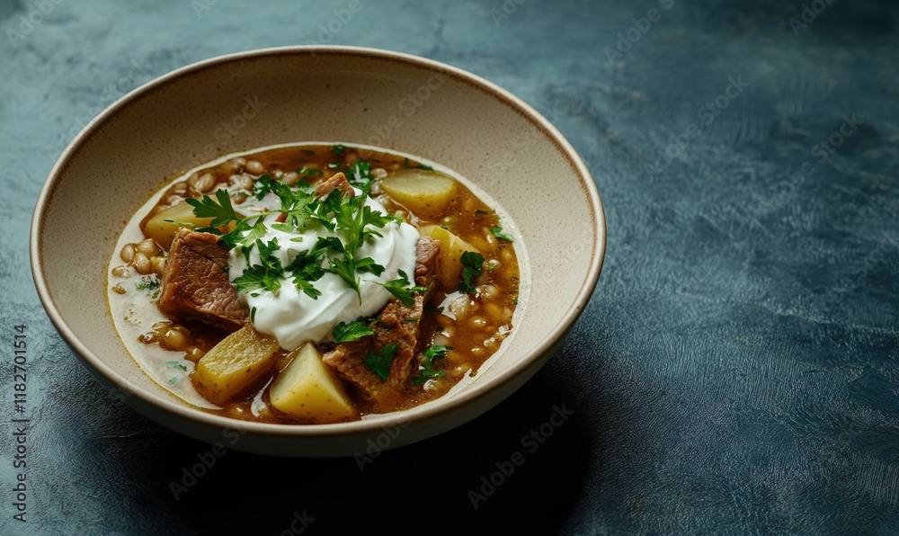 Enjoying traditional Rassolnik sour soup with pickles, barley, and meat in a beige bowl against a dark blue background Enjoying traditional Rassolnik sour soup with pickles, barley, and meat in a beige bowl against a dark blue background