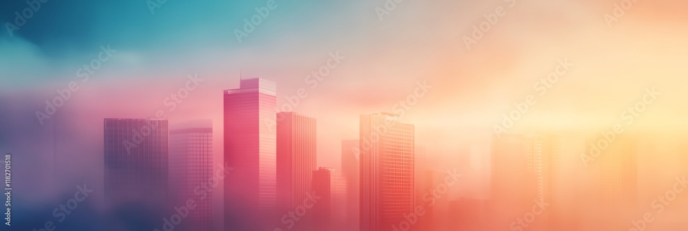 a city with tall buildings in the foggy sky and a rainbow colored background a city with tall buildings in the foggy sky and a rainbow colored background