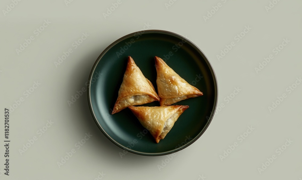 Fried sambusa triangles filled with meat and vegetables served on a dark green plate during Ramadan festivities Fried sambusa triangles filled with meat and vegetables served on a dark green plate during Ramadan festivities