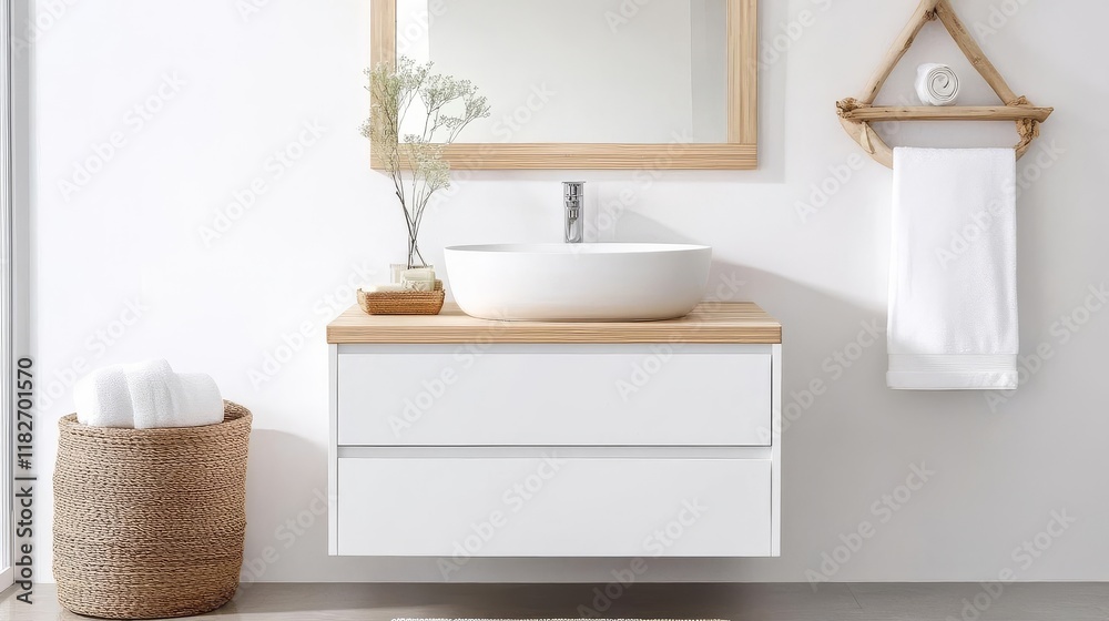 Fototapeta premium White bathroom with floating birch vanity and natural accents