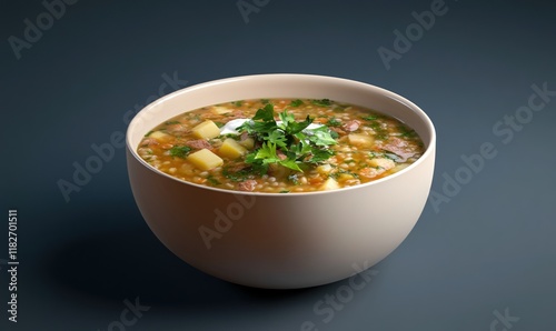 Enjoy a warm bowl of Rassolnik soup featuring barley, pickles, and potatoes with a hint of sour cream against a dark backdrop photo