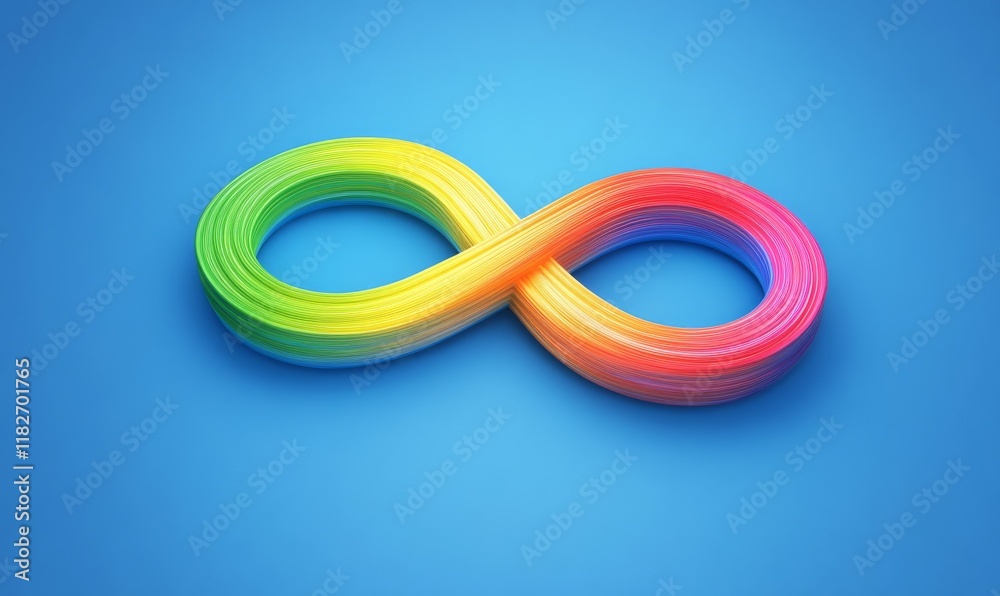 Rainbow shaped infinity symbol is on a blue background. Concept of endlessness and possibility Rainbow shaped infinity symbol is on a blue background. Concept of endlessness and possibility