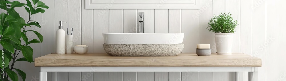 Fototapeta premium White bathroom with natural wood elements and a freestanding stone sink