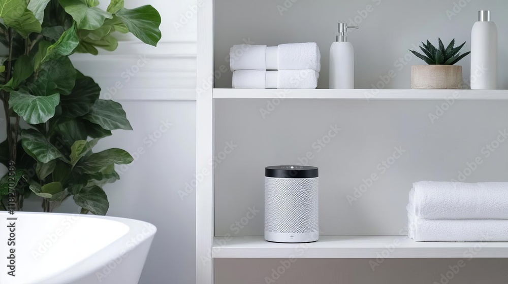 White bathroom with smart shelving and voice-command-operated features White bathroom with smart shelving and voice-command-operated features