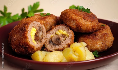 Delightful Zrazy meat cutlets served with potatoes on a rich dark red plate with a subtle cream background photo