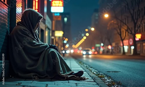 A homeless person sitting on a cold, dimly lit city street at night, wrapped in a worn blanket, illustrating urban hardship
